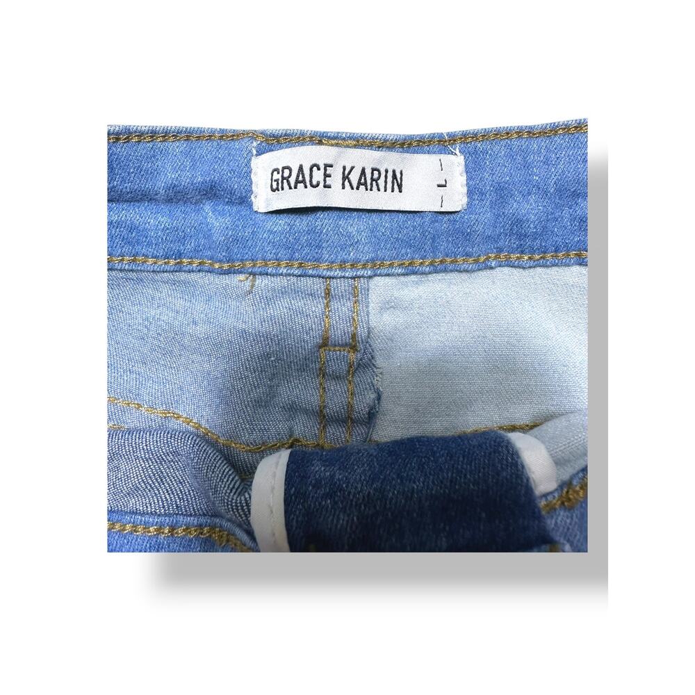 Grace Karin Two-Tone Patchwork Denim Raw Hem Mini Skirt Size Large - Picture 4 of 6